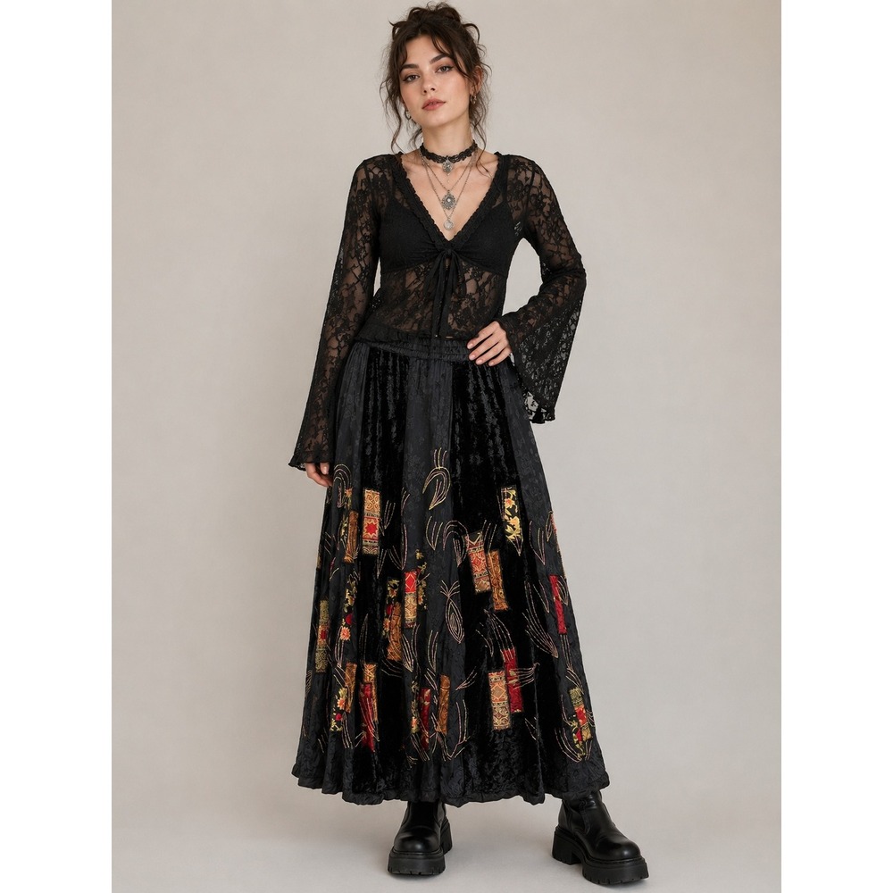 Whimsigoth Goth Patchwork Velvet Maxi Skirt XL Witchy Boho Embroidered